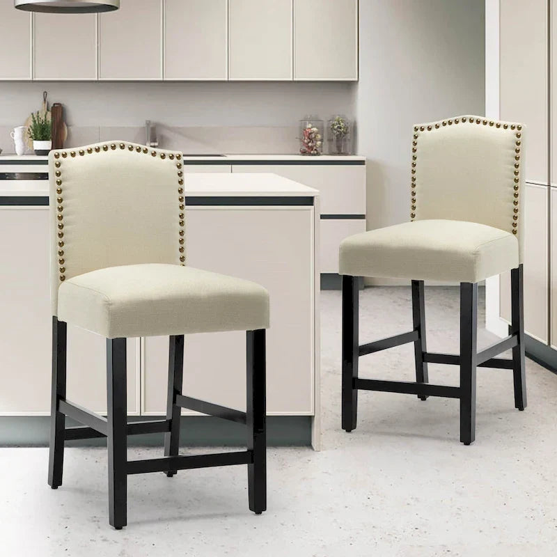 Set of 2 Counter Height Bar Stools with Back - 24-Inch Fabric Upholstered Design and Nailhead Trim 2