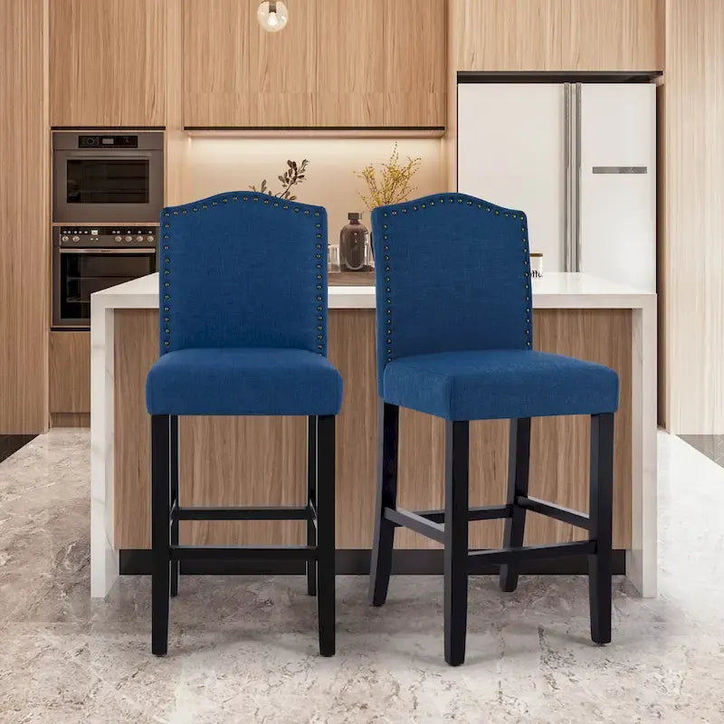 Set of 2 Counter Height Bar Stools with Back - 24-Inch Fabric Upholstered Design and Nailhead Trim 3