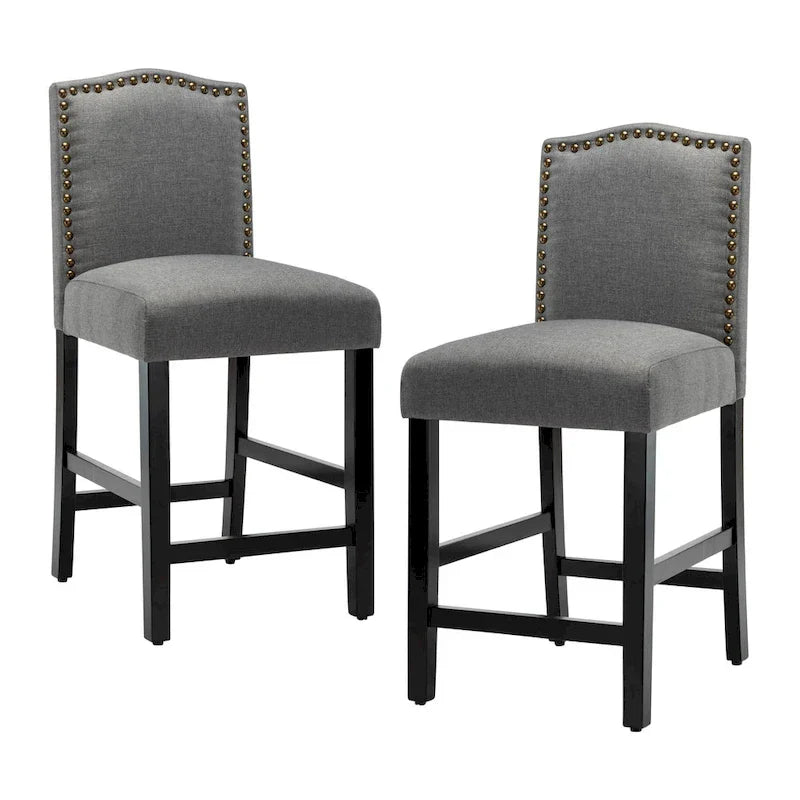 Set of 2 Counter Height Bar Stools with Back - 24-Inch Fabric Upholstered Design and Nailhead Trim 6