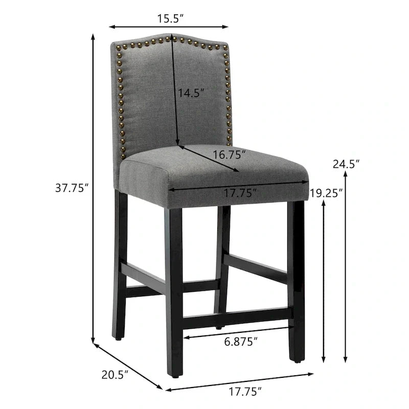 Set of 2 Counter Height Bar Stools with Back - 24-Inch Fabric Upholstered Design and Nailhead Trim 8