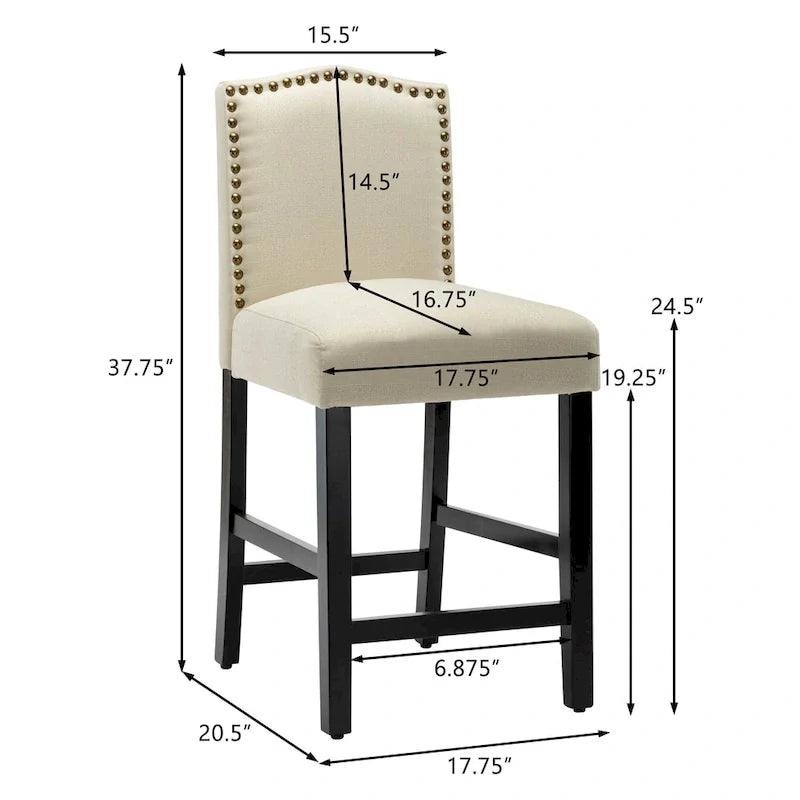 Set of 2 Counter Height Bar Stools with Back - 24-Inch Fabric Upholstered Design and Nailhead Trim 19