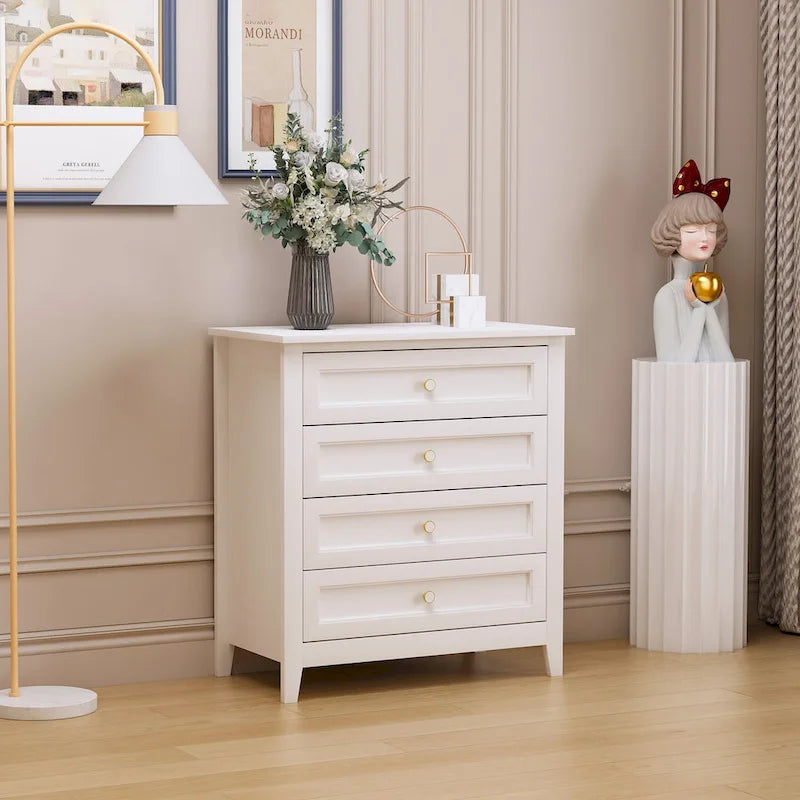 White Solid Wood Dresser Cabinet with Retro Round Handles and Spray-Painted Finish 2
