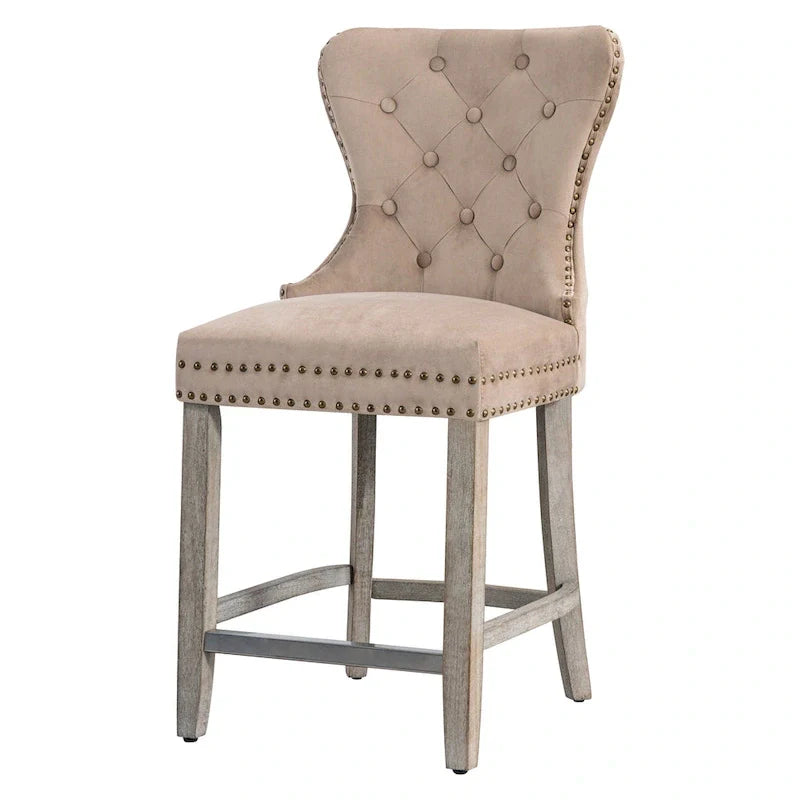 Carter 24-Inch Wingback Tufted Counter Stool with Antique Grey Legs and Nailhead Trim 24