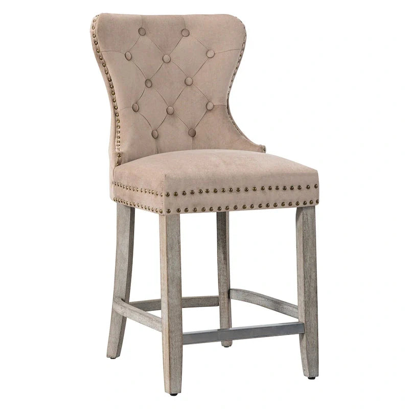 Carter 24-Inch Wingback Tufted Counter Stool with Antique Grey Legs and Nailhead Trim 26