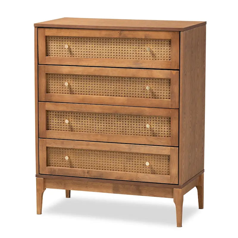 Ramiel Mid-Century Modern 4-Drawer Chest in Ash Walnut with Rattan Accents 8