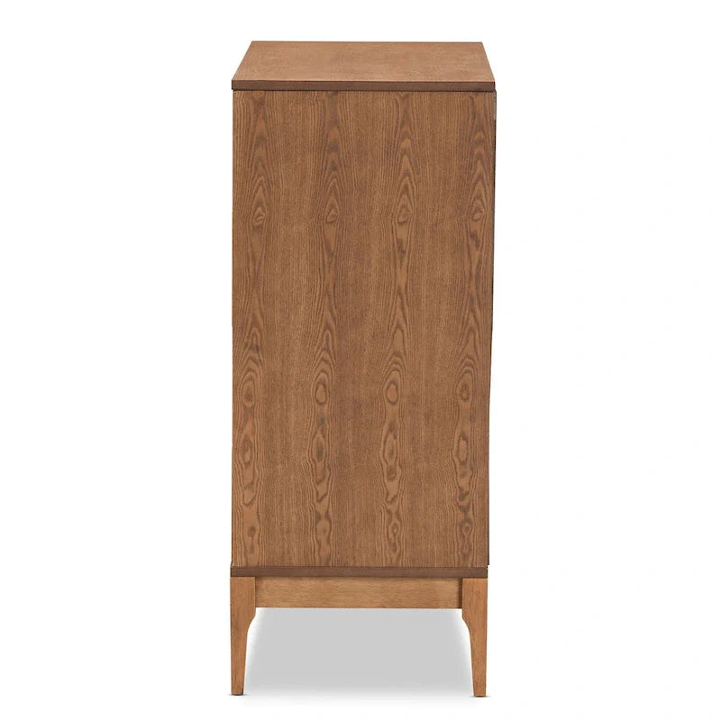 Ramiel Mid-Century Modern 4-Drawer Chest in Ash Walnut with Rattan Accents 1