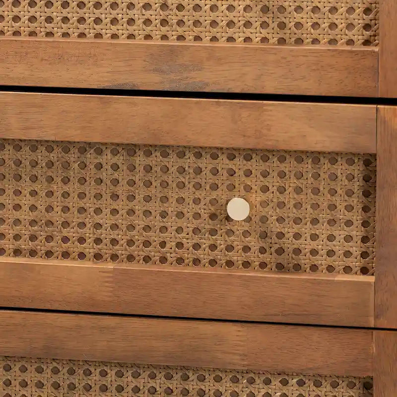 Ramiel Mid-Century Modern 4-Drawer Chest in Ash Walnut with Rattan Accents 2