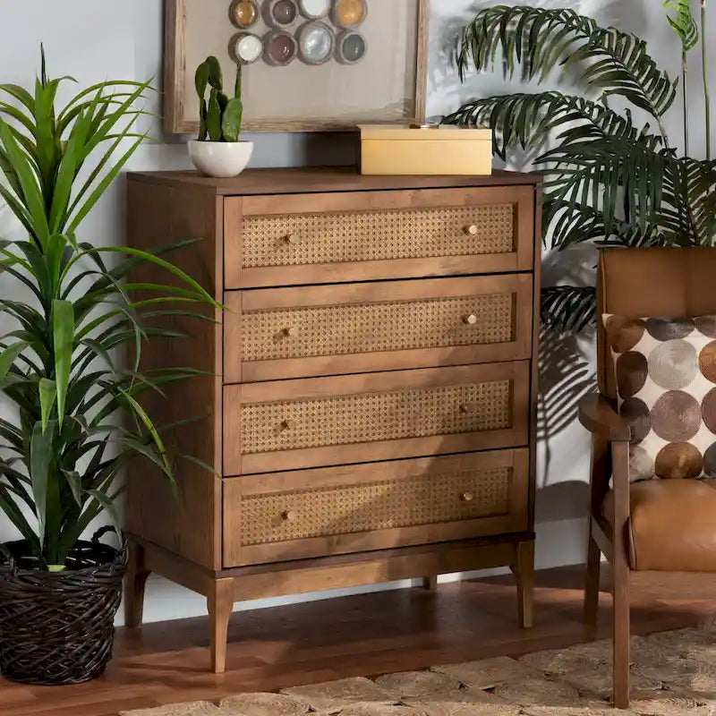 Ramiel Mid-Century Modern 4-Drawer Chest in Ash Walnut with Rattan Accents 5