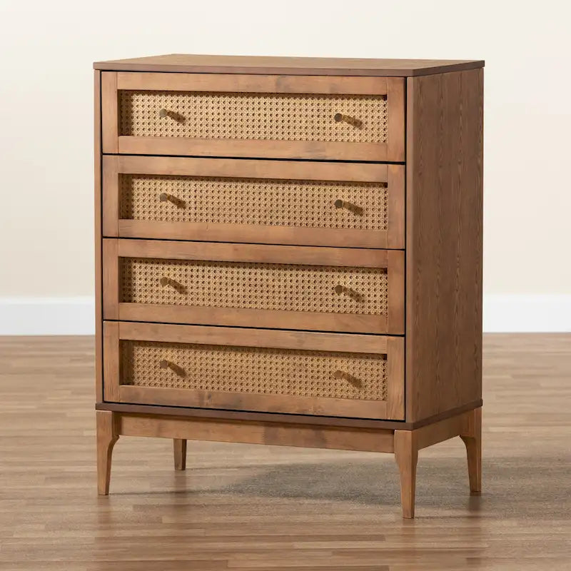 Ramiel Mid-Century Modern 4-Drawer Chest in Ash Walnut with Rattan Accents 6