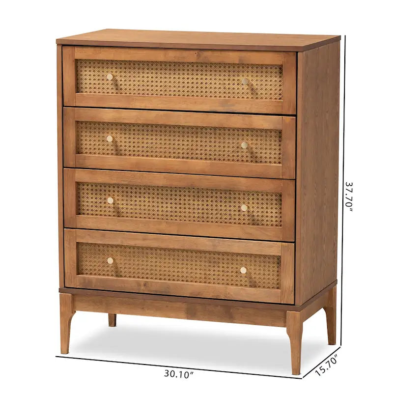 Ramiel Mid-Century Modern 4-Drawer Chest in Ash Walnut with Rattan Accents 7