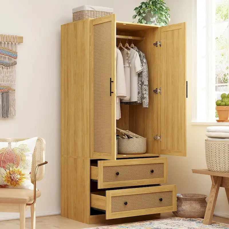 70.9-Inch Wooden Wardrobe Closet with Drawers and Hanging Rod 1