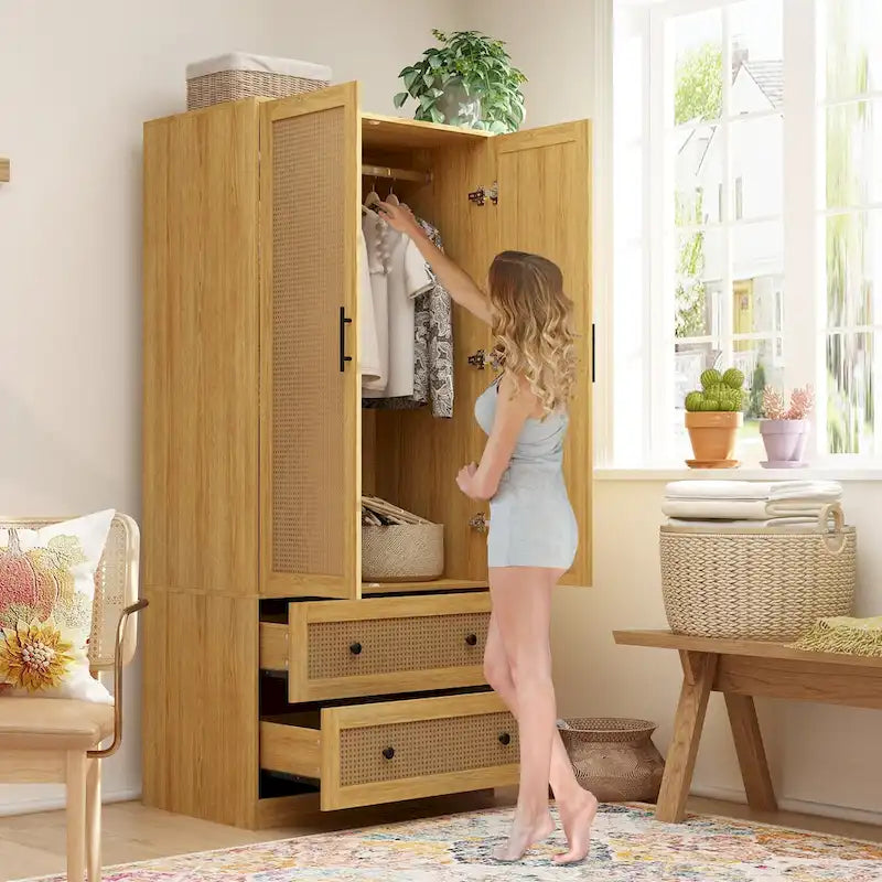 70.9-Inch Wooden Wardrobe Closet with Drawers and Hanging Rod 2