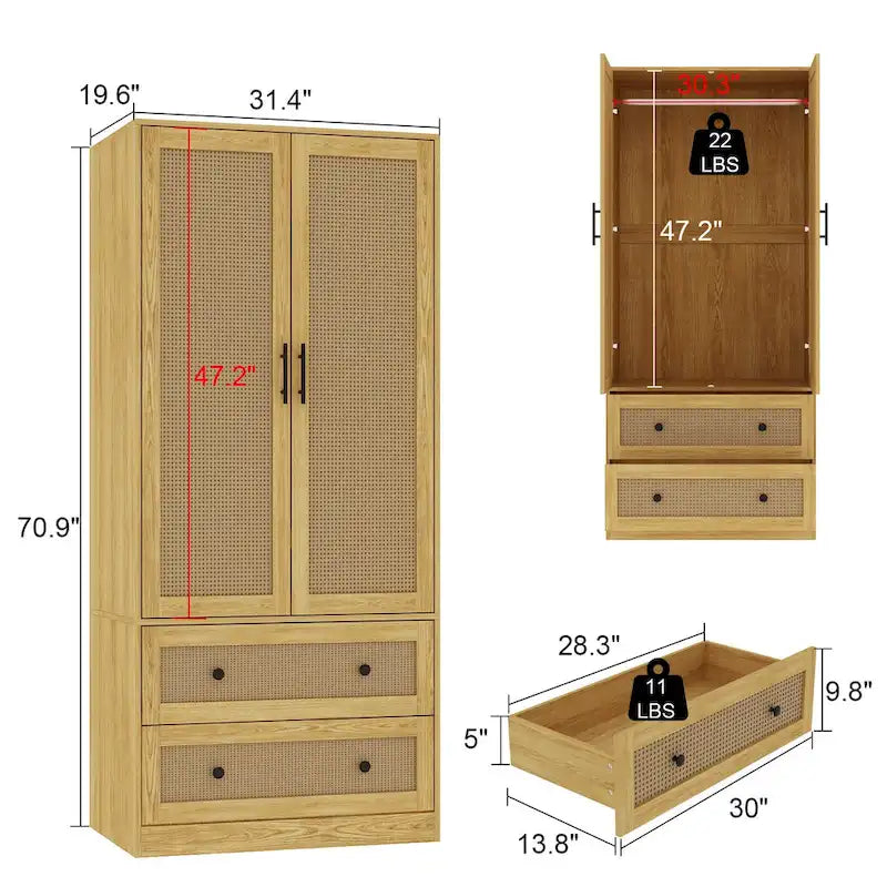 70.9-Inch Wooden Wardrobe Closet with Drawers and Hanging Rod 3