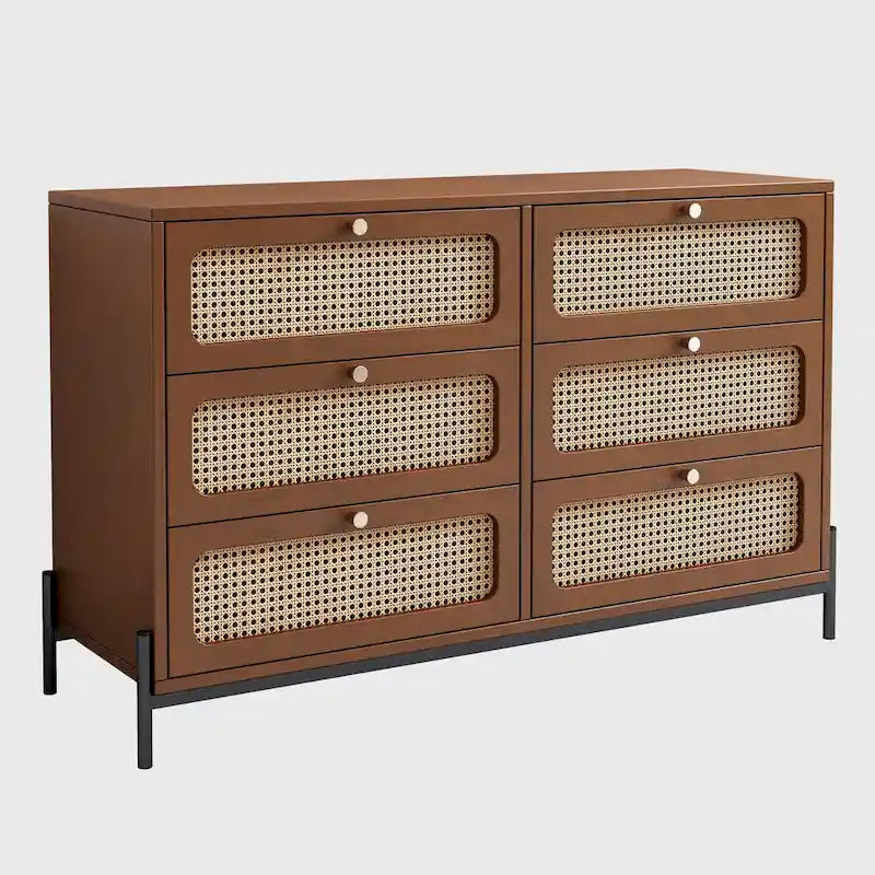 Contemporary Rattan Wood 6-Drawer Dresser with Cannage Design 1