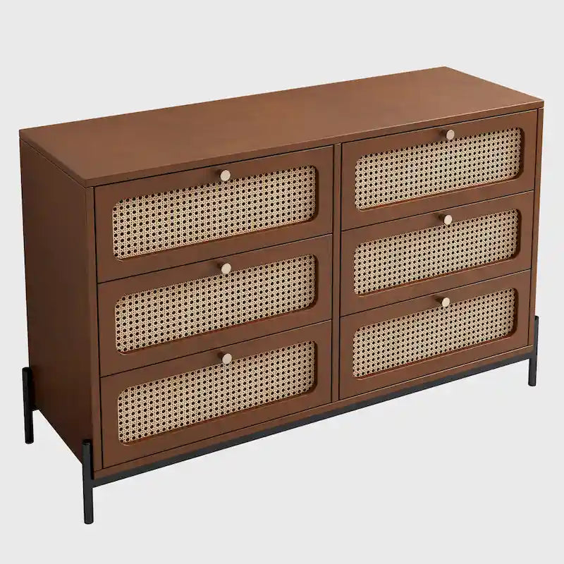Contemporary Rattan Wood 6-Drawer Dresser with Cannage Design 2