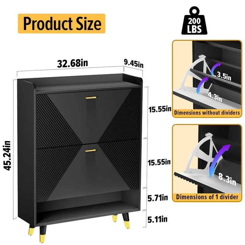 Black Shoe Storage Cabinet with Dual Flip Drawers - Entryway Shoe Rack 2