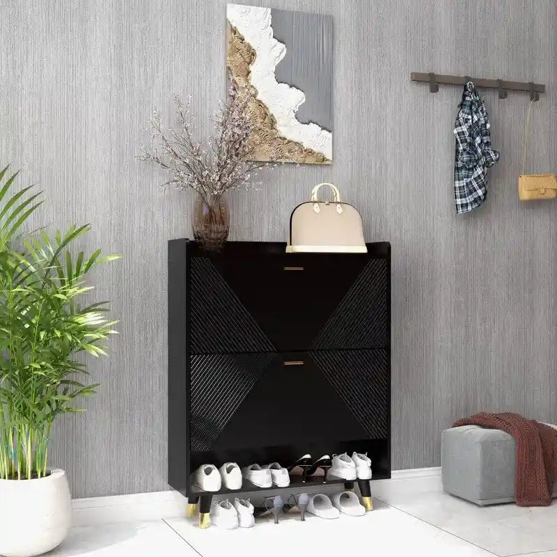 Black Shoe Storage Cabinet with Dual Flip Drawers - Entryway Shoe Rack 3