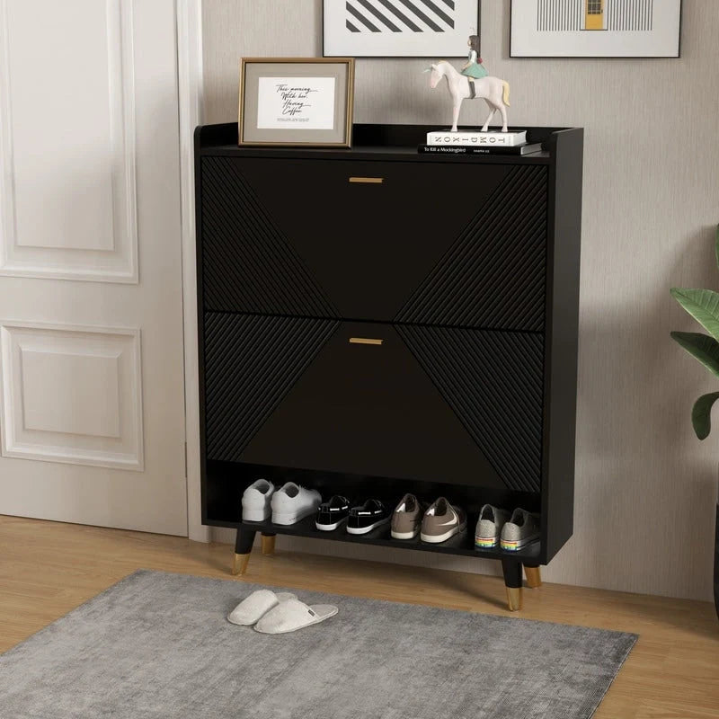 Black Shoe Storage Cabinet with Dual Flip Drawers - Entryway Shoe Rack 4