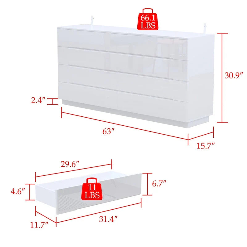 Light Dual Chest 8-Drawer Double Dresser with High Gloss Finish 4