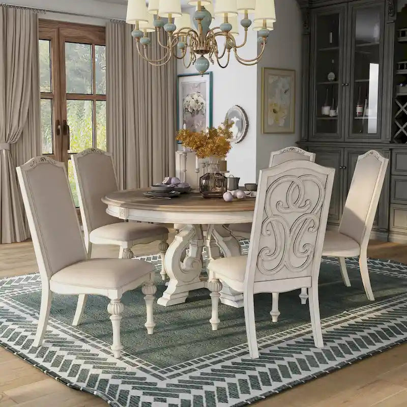 Caelum 7-Piece Round Dining Set with White Fabric Upholstery by The Gray Barn 1