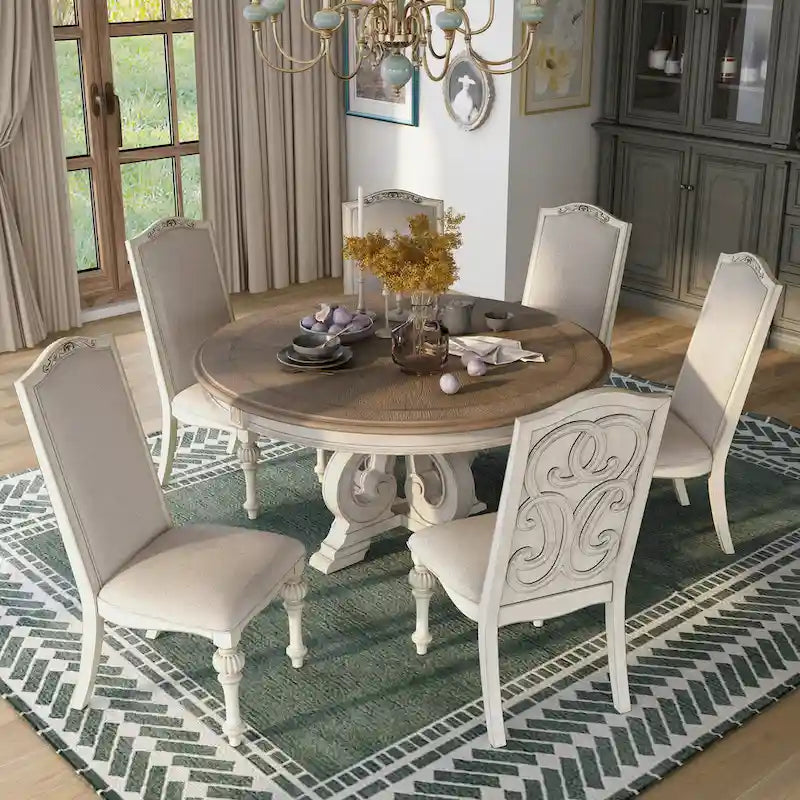 Caelum 7-Piece Round Dining Set with White Fabric Upholstery by The Gray Barn 2