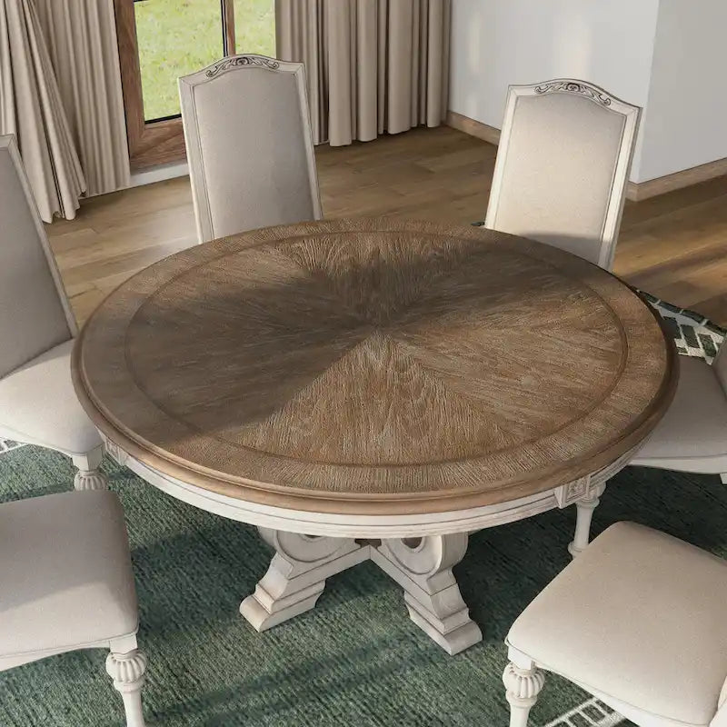 Caelum 7-Piece Round Dining Set with White Fabric Upholstery by The Gray Barn 4
