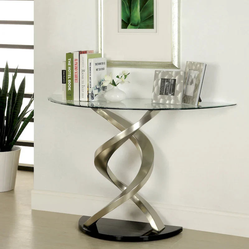 Furniture of America Sele Contemporary 45-Inch Silver Half-Moon Glass Top Sofa Table 1