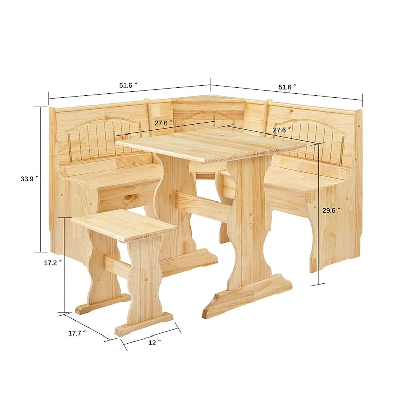 MUSEHOMEINC Classic 3-Piece Solid Wood Breakfast Nook Dining Set with Side Bench and Hidden Storage 10