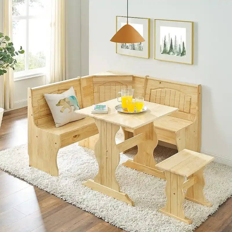 MUSEHOMEINC Classic 3-Piece Solid Wood Breakfast Nook Dining Set with Side Bench and Hidden Storage 2