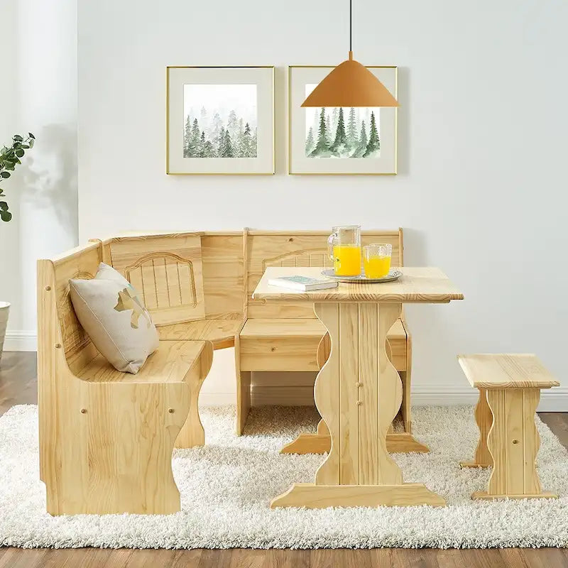 MUSEHOMEINC Classic 3-Piece Solid Wood Breakfast Nook Dining Set with Side Bench and Hidden Storage 3