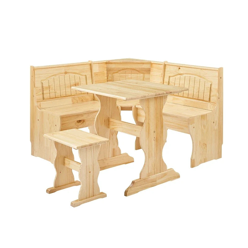 MUSEHOMEINC Classic 3-Piece Solid Wood Breakfast Nook Dining Set with Side Bench and Hidden Storage 4