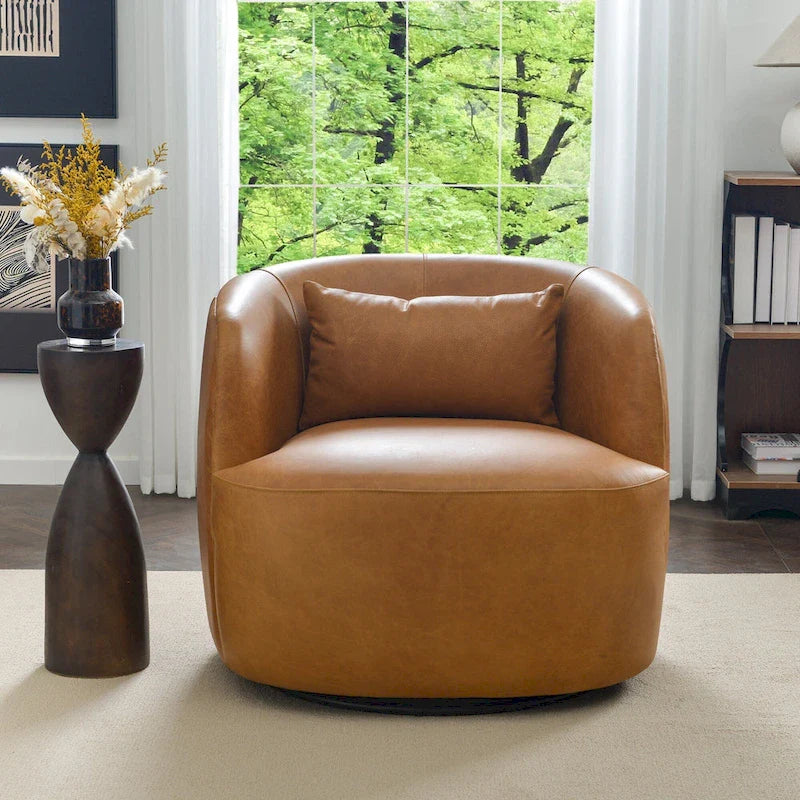 KINWELL Contemporary Genuine Leather Swivel Armchair with Cushion 1