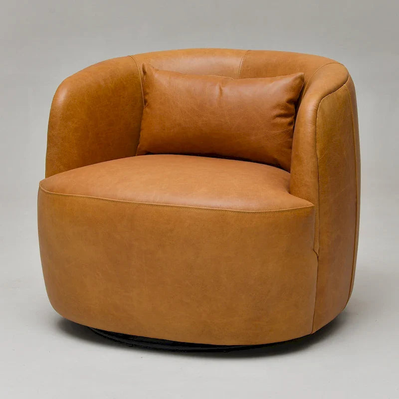 KINWELL Contemporary Genuine Leather Swivel Armchair with Cushion 2
