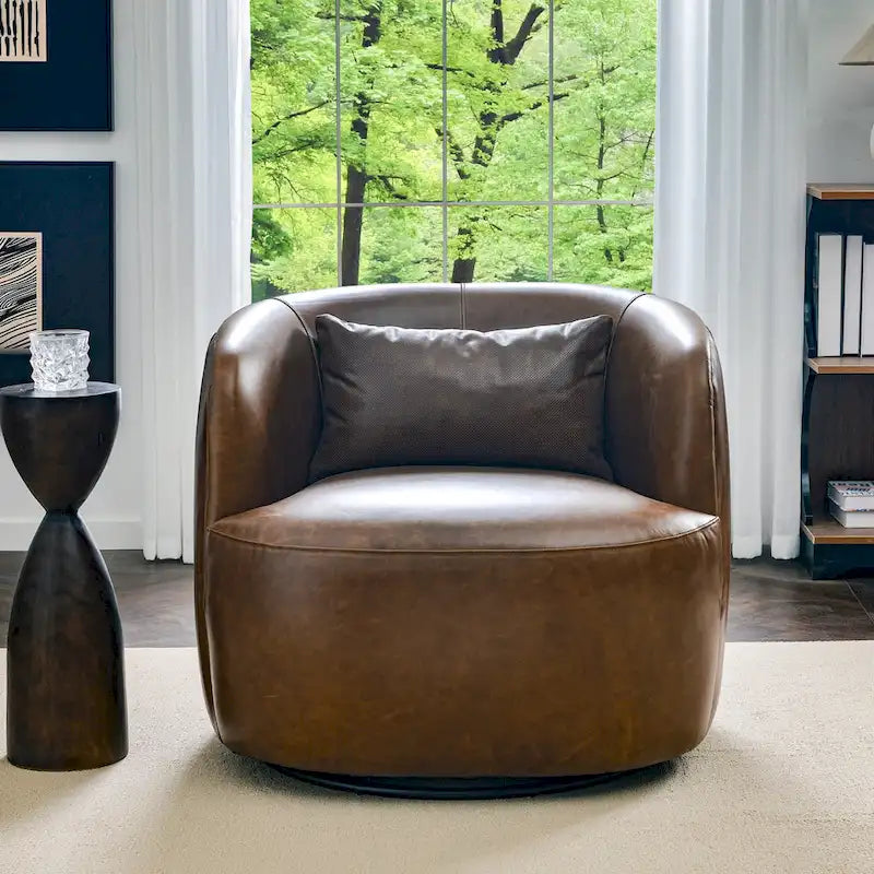KINWELL Contemporary Genuine Leather Swivel Armchair with Cushion 5