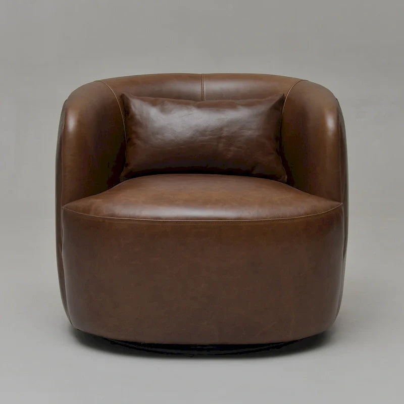 KINWELL Contemporary Genuine Leather Swivel Armchair with Cushion 6