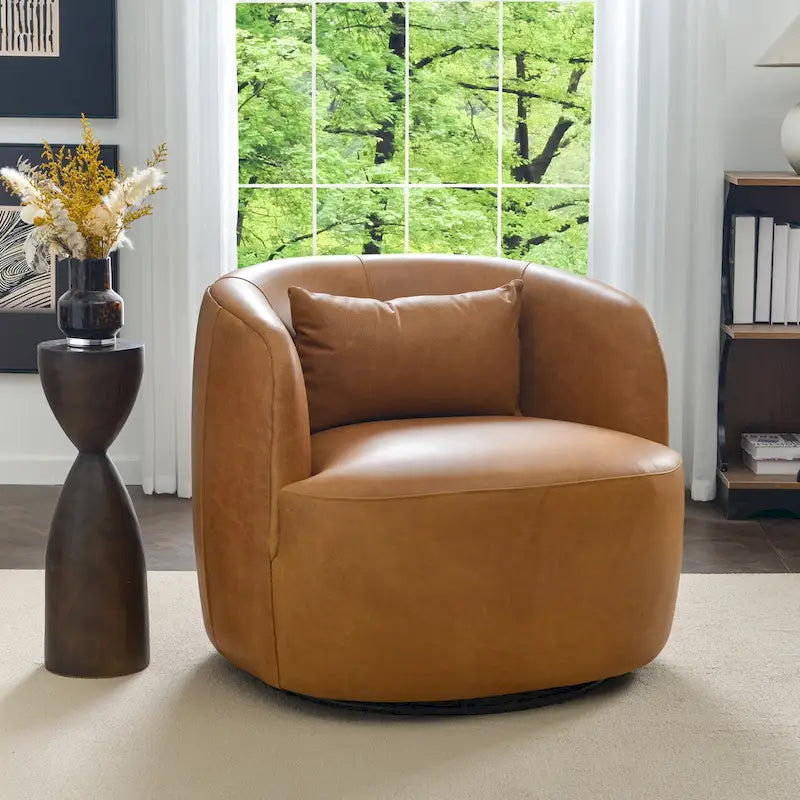 KINWELL Contemporary Genuine Leather Swivel Armchair with Cushion 8