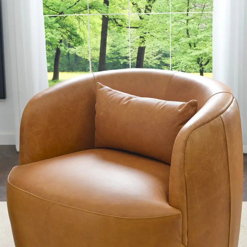 KINWELL Contemporary Genuine Leather Swivel Armchair with Cushion 9