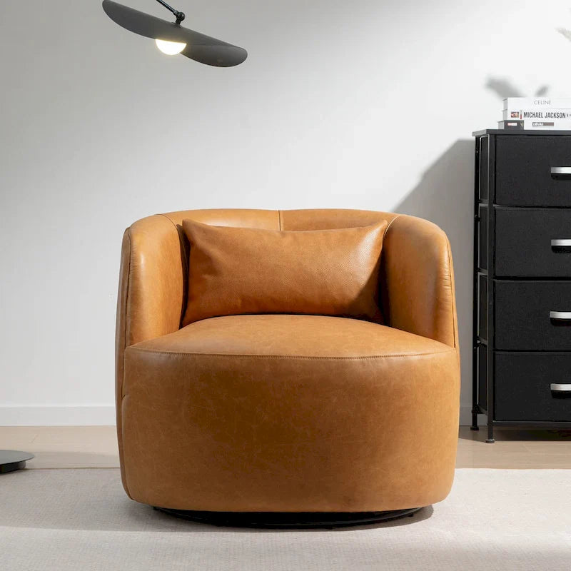 KINWELL Contemporary Genuine Leather Swivel Armchair with Cushion 11