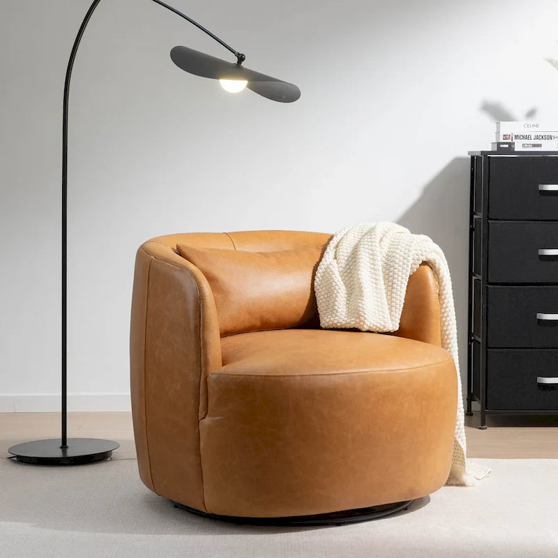 KINWELL Contemporary Genuine Leather Swivel Armchair with Cushion 12
