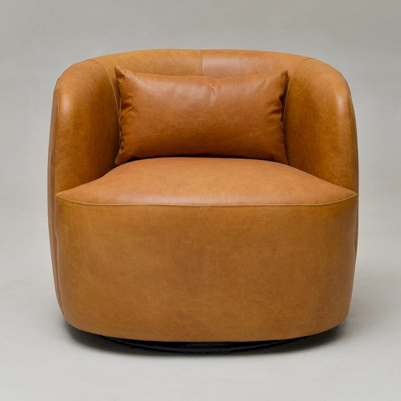 KINWELL Contemporary Genuine Leather Swivel Armchair with Cushion 14