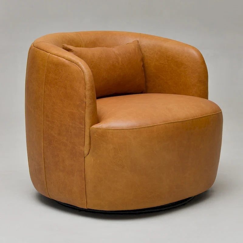 KINWELL Contemporary Genuine Leather Swivel Armchair with Cushion 16