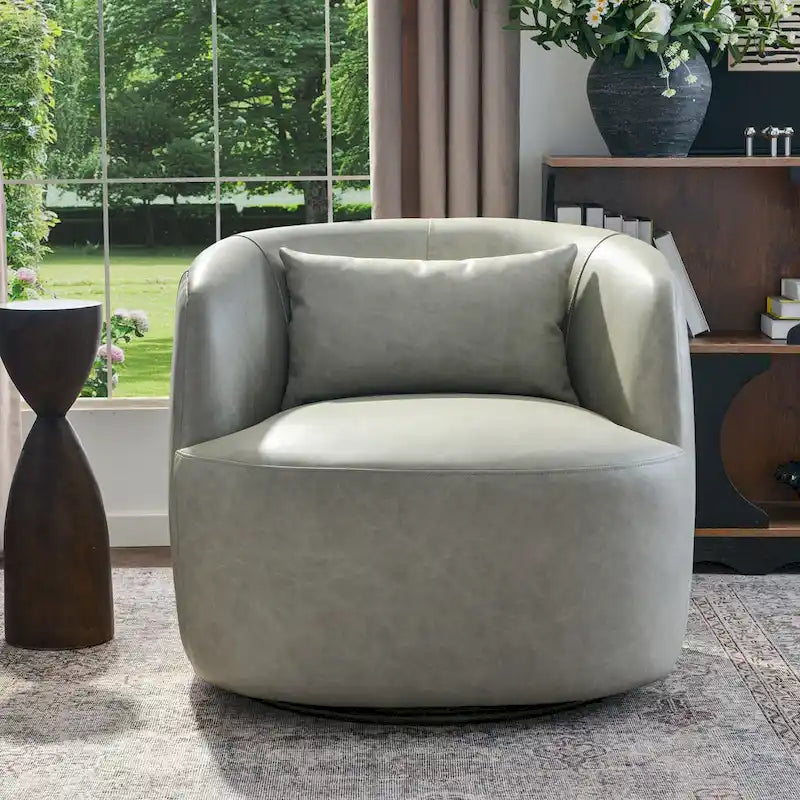 KINWELL Contemporary Genuine Leather Swivel Armchair with Cushion 19