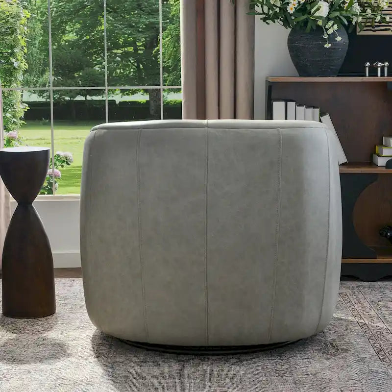 KINWELL Contemporary Genuine Leather Swivel Armchair with Cushion 24