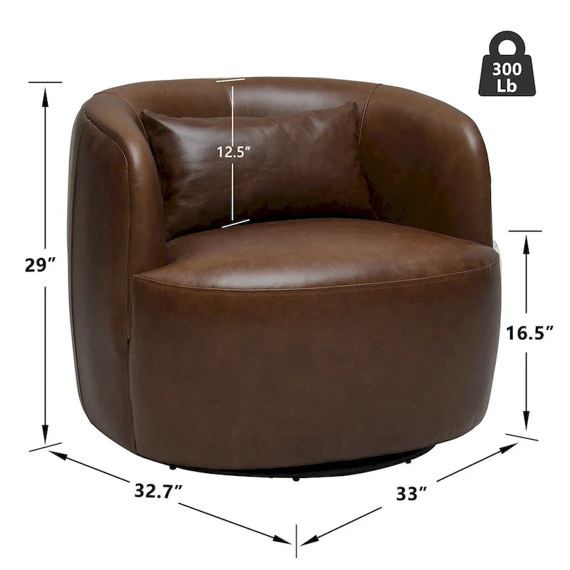 KINWELL Contemporary Genuine Leather Swivel Armchair with Cushion 34