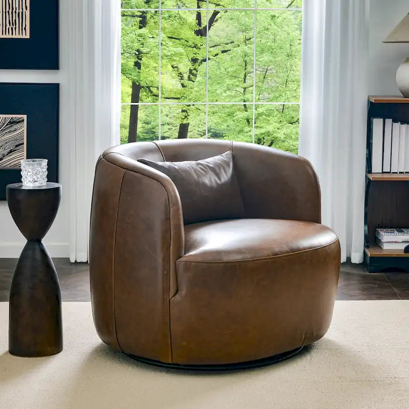 KINWELL Contemporary Genuine Leather Swivel Armchair with Cushion 35