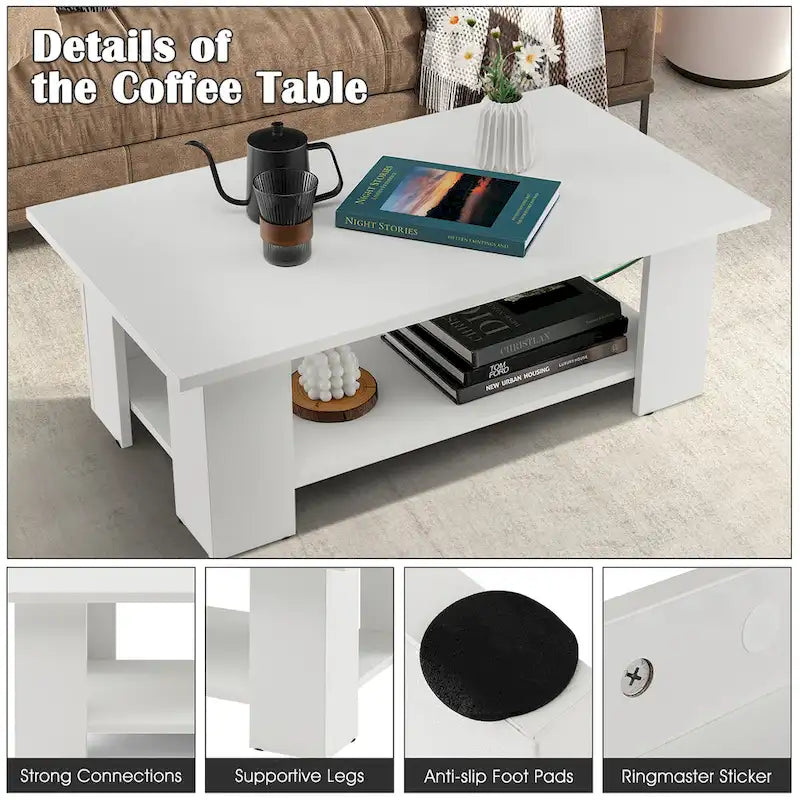 36-Inch Modern Wood Coffee Table with 2-Tier Storage Shelf 2