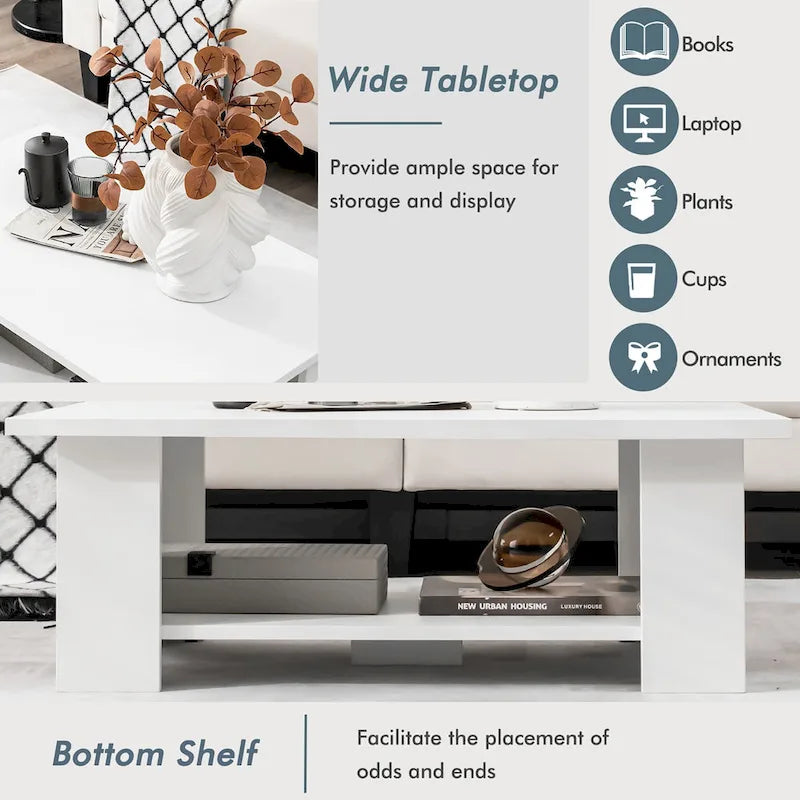 36-Inch Modern Wood Coffee Table with 2-Tier Storage Shelf 3