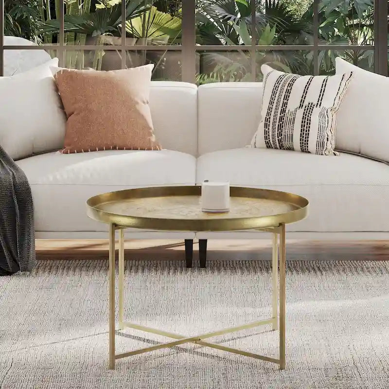 East at Main Eros Etched Floral Tray-Top Accent Table in Antique Brass Finish 1