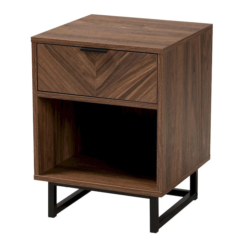 Sadia Contemporary Walnut Brown Wood and Black Metal 1-Drawer Side Table 12