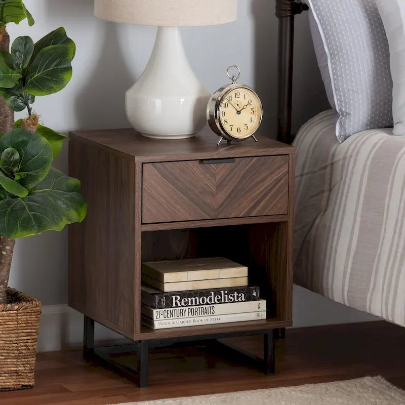 Sadia Contemporary Walnut Brown Wood and Black Metal 1-Drawer Side Table 1